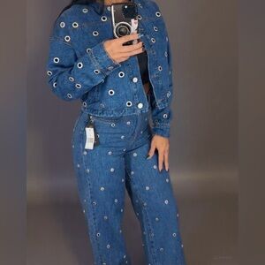 Blue Denim Jacket and pants with Eyelet Details